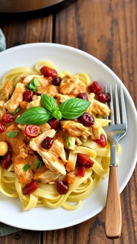 Crock pot marry me chicken with pasta, topped with sun-dried tomatoes and basil, on a rustic table.